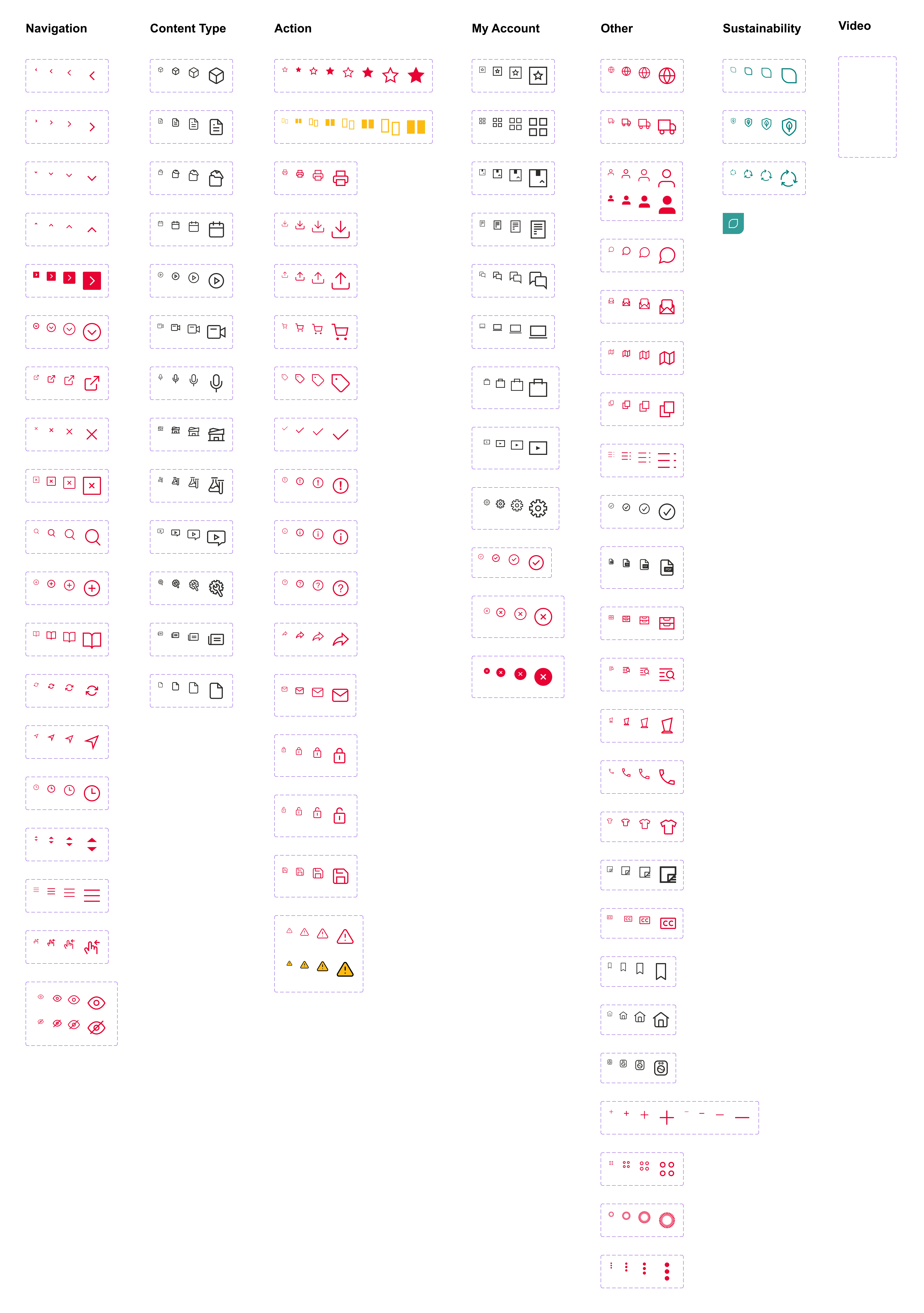 collection of the finalized icons and their sizes